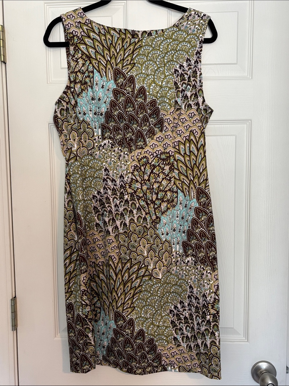 connected apparel Sleeveless Printed Shift Dress in Olive, Brown & Aqua